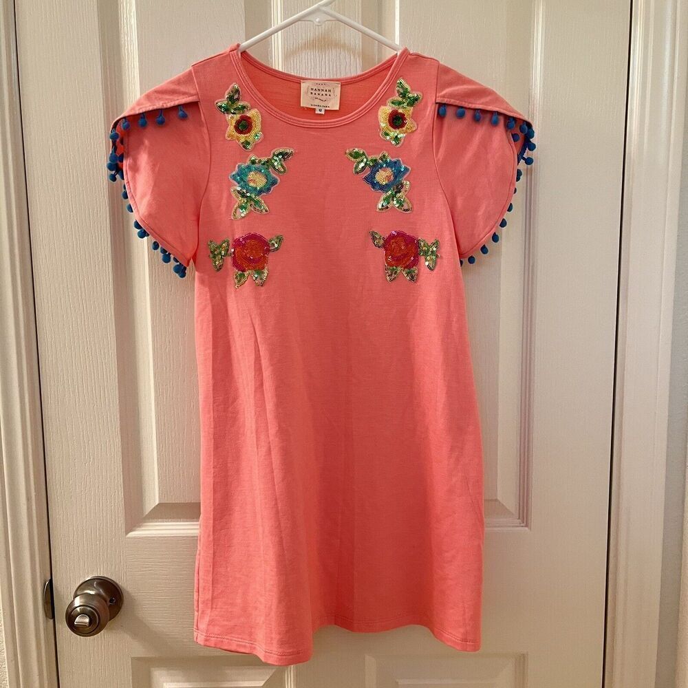 Hannah Banana by Sara Sara Pink Sequin Floral Pom Pom Dress Girls Size 12